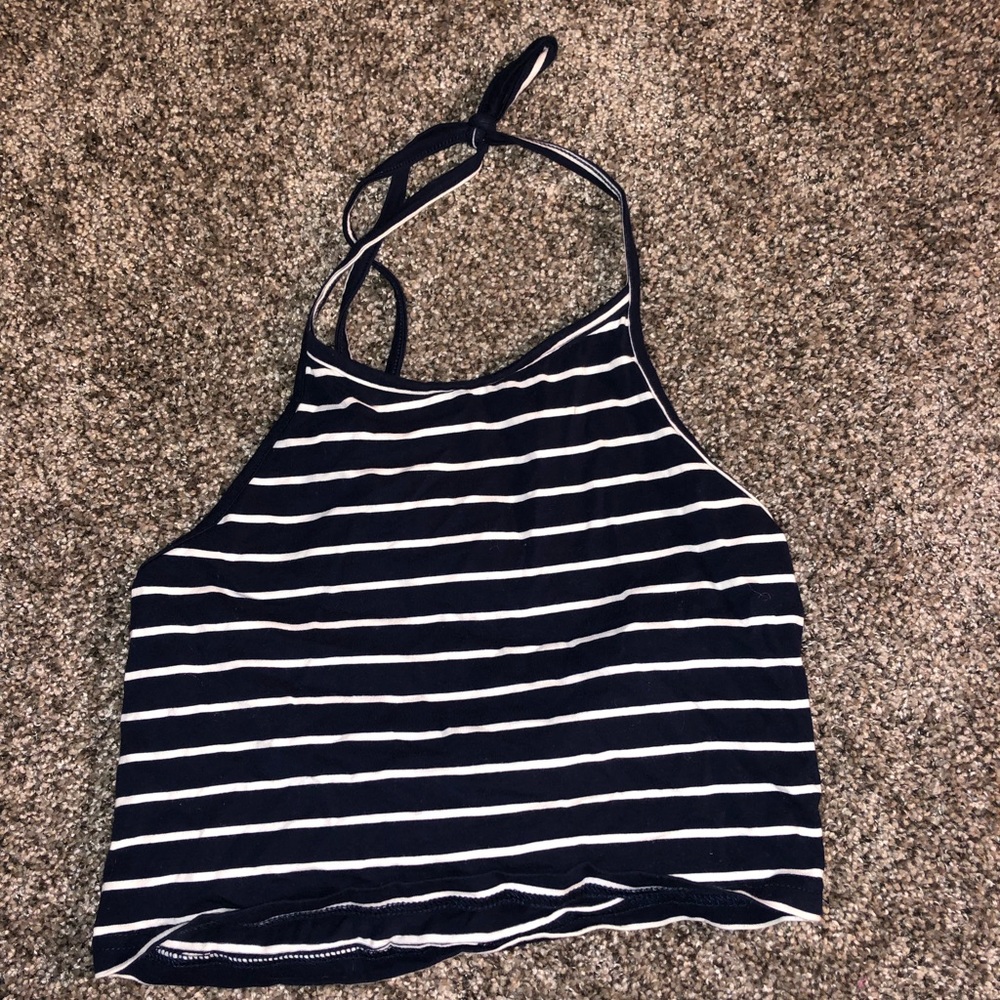 Navy and white striped halter crop top